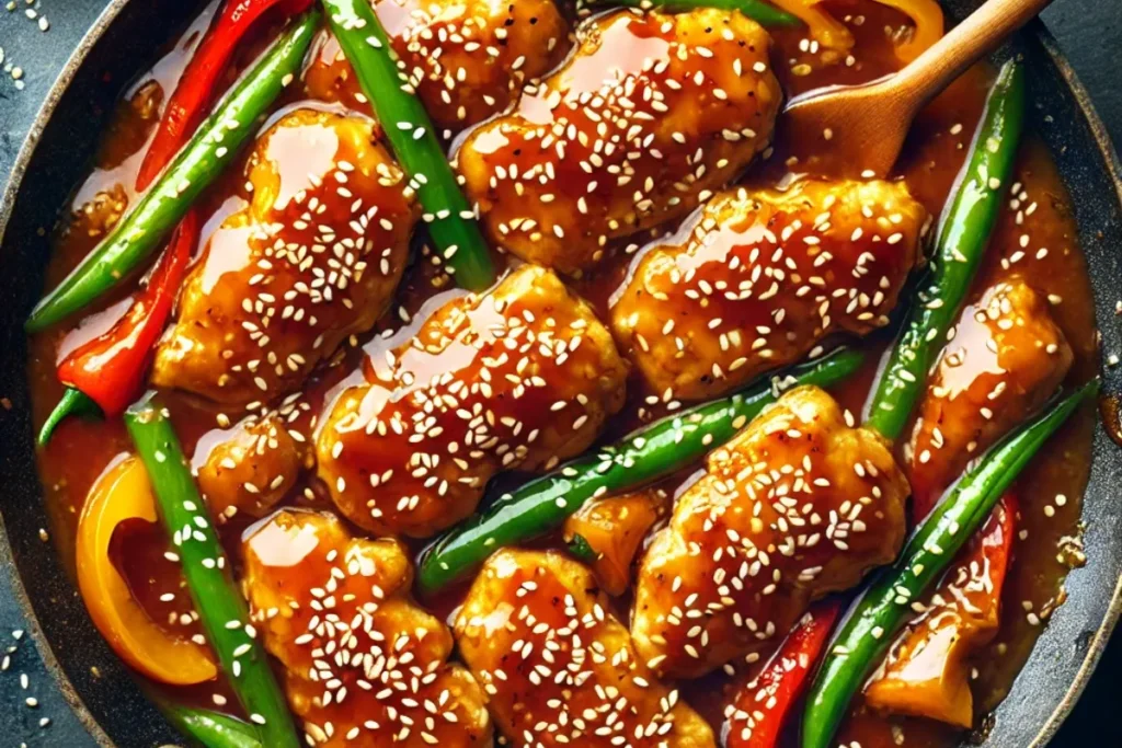 Crispy Honey Sesame Chicken with bell peppers and green beans